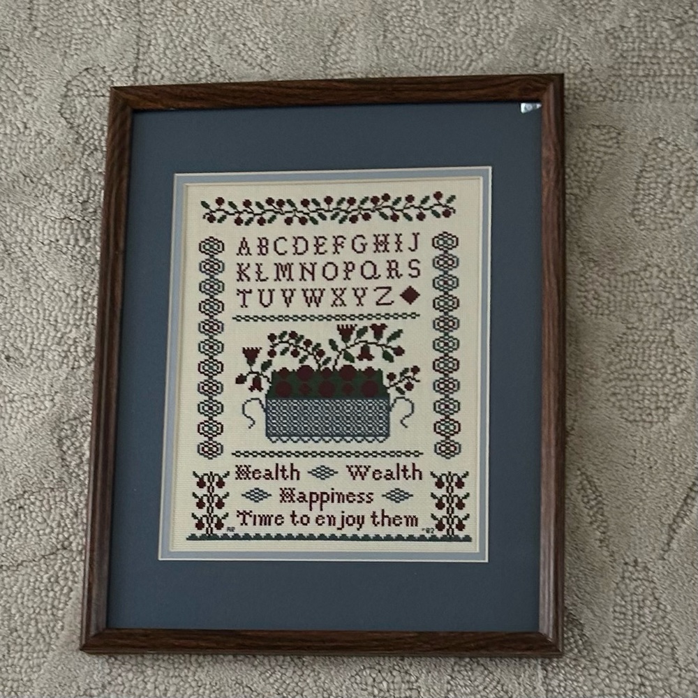 Vtg Needlepoint Cross Stitch Framed Alphabet Health Wealth Happiness Framed Mat